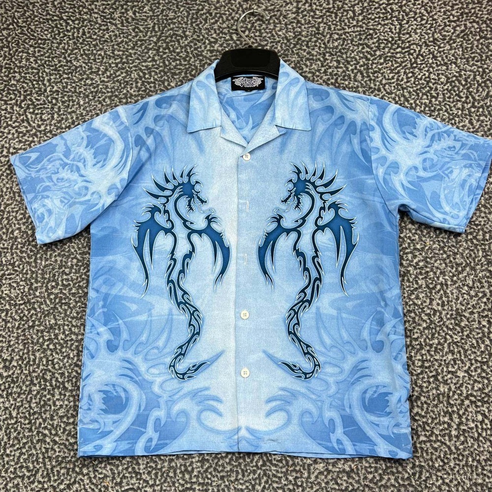 Silver Point Button Up Shirt Youth Large Blue Dragon Tribal Graphic Y2K Cyber